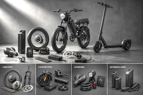 Dunkles Studiofoto mit Fatbike, E-Scooter und einzelnen Teilen wie Akku, Laufrad, Display und Bremsscheibe
