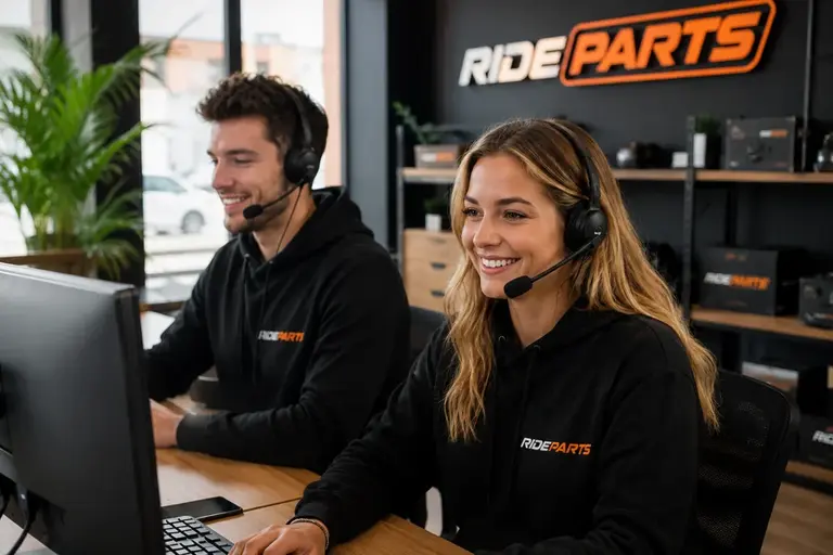 Zwei RideParts-Mitarbeiter mit Headsets beraten Kunden